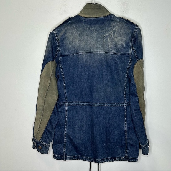 Zara Women’s Blue Distressed Denim Leather Elbow Patches Drawstring Jacket S - Picture 2 of 15